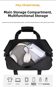 Internal layout of large capacity travel bag featuring wet dry separation compartment