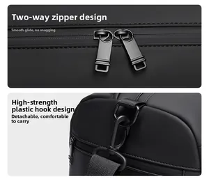 Detail of travel bag showing dual smooth zippers and detachable heavy-duty shoulder hooks