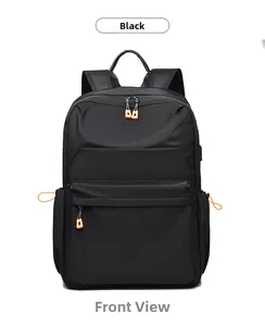 Vista frontale zaino grigio casual con tasche a zip multistrato e dettagli arancioni