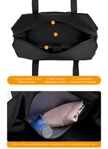 Detail view of large capacity travel bag featuring waterproof wet and dry separation pockets