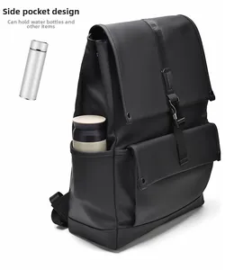 Detail view of the side pocket on a black waterproof backpack showing its water bottle holder