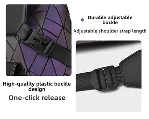 Detail of adjustable strap and high-strength plastic buckle on geometric travel backpack