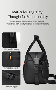 Detail view of large travel bag showing durable buckles, stylish charm, and double zippers