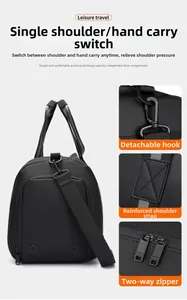 Detail view of removable hook reinforced strap and smooth two-way zipper on travel bag