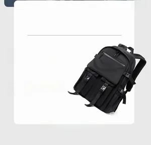 Detail of multi-functional black nylon backpack with reinforced buckles and zippers