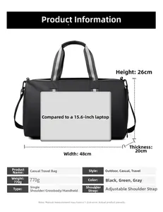 Detail showing dimensions of large capacity black travel bag with 48cm width and 770g weight