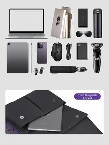 Detailed view of large capacity backpack with multiple compartments and magnetic clasp pocket