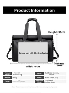 Size chart for black travel bag showing dimensions 48x30x23cm and a 15.6 inch laptop comparison