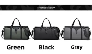 Three travel bags in green, black, and grey with adjustable shoulder straps and top handles