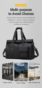 Detail view of durable black travel bag with scenes for gym, travel, and business trip