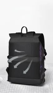 Detail of 3D breathable honeycomb mesh back and purple gradient patterns on the backpack