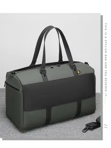 Detail view of large capacity travel duffel bag with waterproof fabric and side pockets