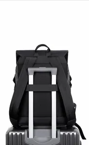 Ergonomic breathable S-shaped shoulder straps and luggage strap on black laptop backpack