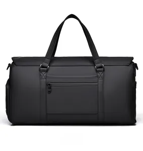 Back view of black large travel bag with waterproof matte finish and zipper pocket