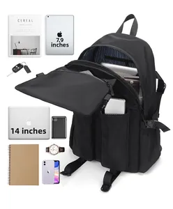 Detail showing high-capacity compartments for 14-inch laptop and tablet in nylon backpack