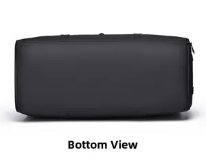 Macro bottom view of black travel bag with waterproof material and reinforced double stitching