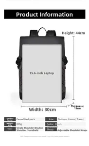 Detailed size specifications for 15.6 inch laptop backpack with geometric texture
