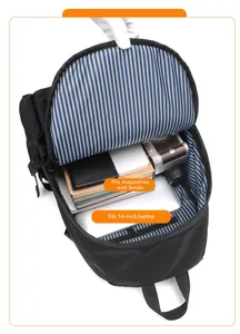 Internal view of a black backpack showing compartments for a 14-inch laptop and books