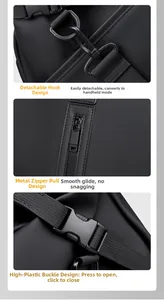 Detail view of durable metal hooks, smooth zippers, and robust buckles on a travel bag