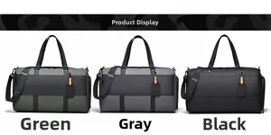 Three travel duffel bags in green, grey and black with separate shoe compartment