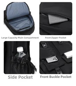 Detail view of large capacity black backpack showing multiple pockets and storage layers