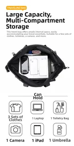 Detail of large capacity travel bag showing organized storage for laptop and essentials