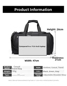 Dimensions détaillées du sac de voyage 47x26x21cm et capacité pour ordinateur 15,6 pouces