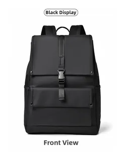 Front view of black commuter backpack featuring matte waterproof fabric and flap buckle closure