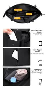 Detail view of large travel bag showing dry/wet separation and functional compartments