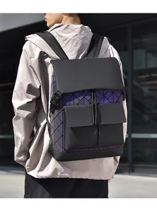 Detail of men's geometric backpack with purple reflective panels and flap closure