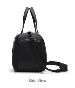 Side profile of a black travel bag with breathable vents and a wet-dry compartment