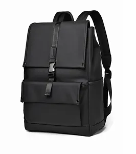 Side view of black matte waterproof commuter backpack with buckle flap and metal rivets