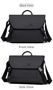 Vorder- und Seitenansicht der schwarzen wasserabweisenden Kuriertasche mit Schnalle
