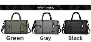 Three travel duffel bags in green, grey, and black made of waterproof matte fabric