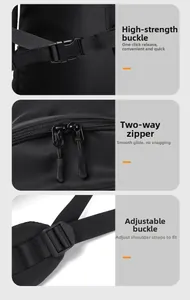 Detail view of high-quality plastic buckles, smooth dual zippers, and adjustable bag straps