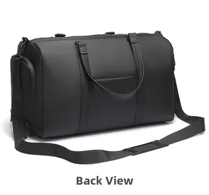 Back view of black travel bag showing reinforced handles and adjustable shoulder strap