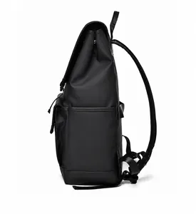 Side view of black matte waterproof backpack showing streamlined profile and side pocket