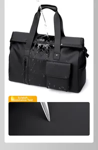 Waterproof travel bag detail showing splash-resistant fabric and scratch-resistant test
