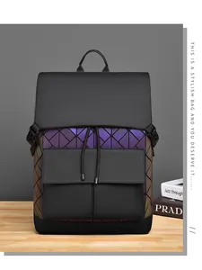Macro shot of geometric diamond patterns and buckle details on a black matte backpack