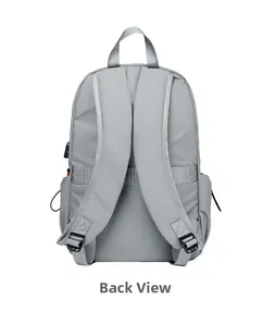 Rear view of a minimalist grey travel backpack with padded shoulder straps and side pockets