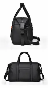 Side and back view of a black travel bag featuring luggage sleeve and shoulder strap