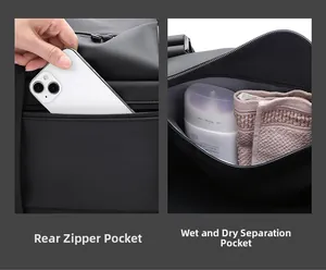 Dettaglio borsa da viaggio con tasca posteriore e scomparto separato impermeabile