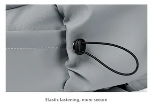 Detail of grey travel backpack with elastic fastener and secure drawstring closure
