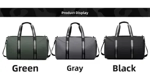 Three large capacity duffel bags in green, grey, and black with striped carry handles