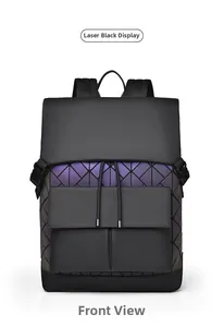 Front view of men's backpack featuring geometric laser iridescent panels and matte black leather