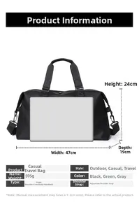 Specifiche dimensionali dettagliate per borsa da viaggio nera con larghezza di 47cm