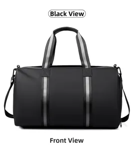 Front view of black waterproof travel bag with double handles and shoulder strap