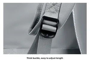 Detail of grey nylon shoulder strap with a thick black plastic adjustable buckle for men's backpack
