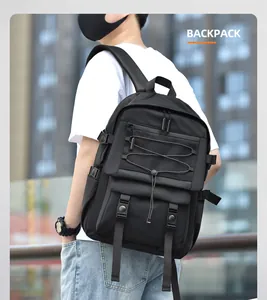 Close-up of black waterproof backpack with mesh pockets and adjustable straps