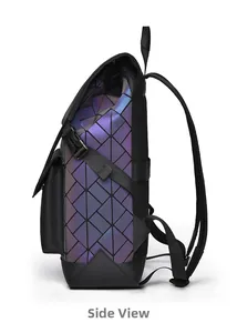 Macro side view of geometric backpack with reflective color-changing diamond panels